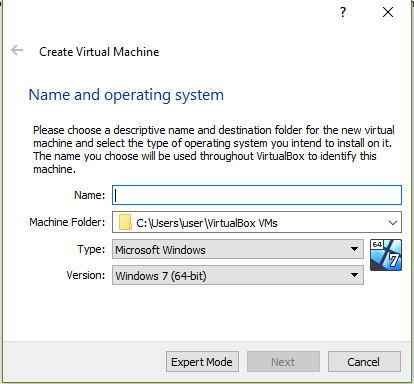 Virtual machine creation dialog box